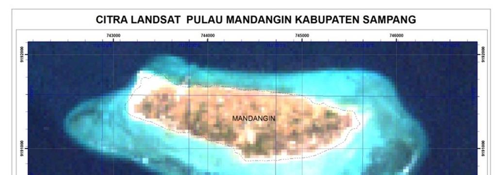 Tabel 3. Luas Sebaran terumbu karang hasil analisa citra satelit Landsat menggunakan metode Lyzenga. No Lahan Luas (m2) Luas (Ha) % 1 Pasir 2.440.