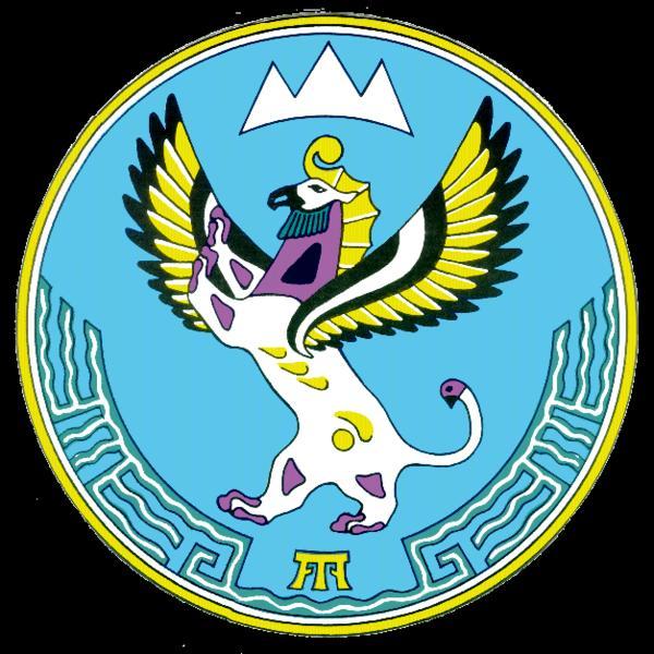 30 3.2 Lambang Republik Altai Gambar 3.2 Lambang Republik Altai a. Bentuk lambang: lingkaran dengan latar belakang biru dan dua border berwarna putih dan kuning keemasan. b. Gunung berwarna putih dengan tiga puncak c.
