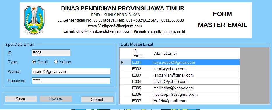 50 Gambar 5.8 Fitur Input Permohonan Gagal 5.3.3 Form Master Email Form email berfungsi untuk memasukan email petugas yang digunakan untuk mengirim permohonan yang diajukan oleh masyarakat.
