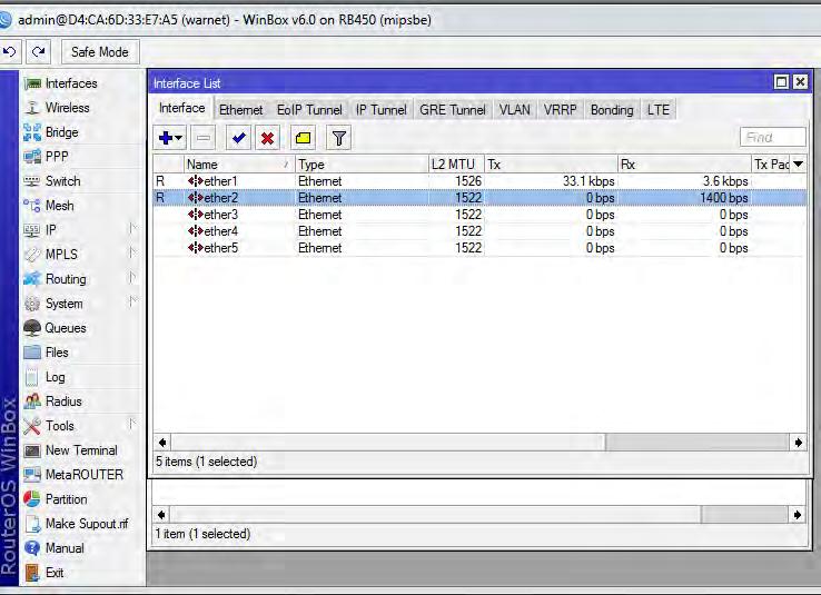 BAB IV IMPLEMENTASI DAN PENGUJIAN 4.1 Konfigurasi Router di Winbox Dari 5 ethernet yang ada pada mikrotik routerboard 450 yang digunakan pada perancangan jaringan warnet sanjaya.