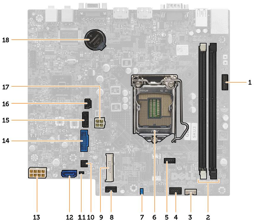 Tata Letak Board Sistem Gambar berikut menampilkan tata letak board sistem. 1. Bezel Depan- Konektor Sakelar Daya 2. Konektor modul memori 3. Konektor speaker internal 4. Konektor audio depan 5.