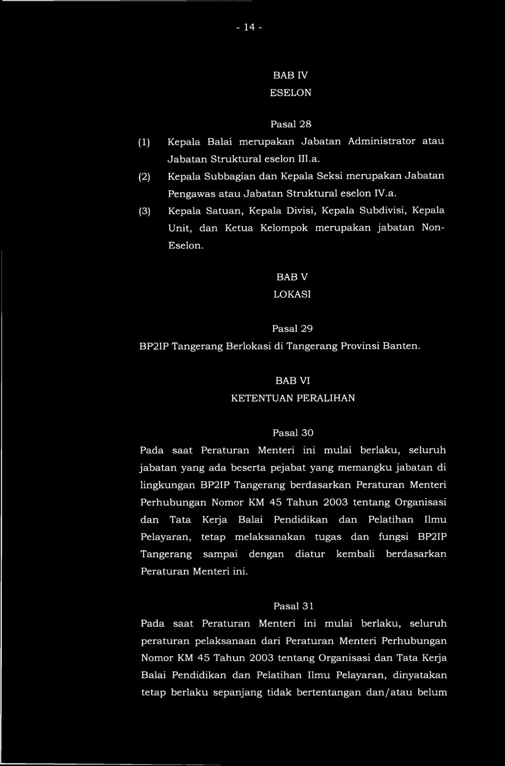 BAB VI KETENTUAN PERALIHAN Pasal 30 Pada saat Peraturan Menteri ini mulai berlaku, seluruh jabatan yang ada beserta pejabat yang memangku jabatan di lingkungan BP2IP Tangerang berdasarkan Peraturan