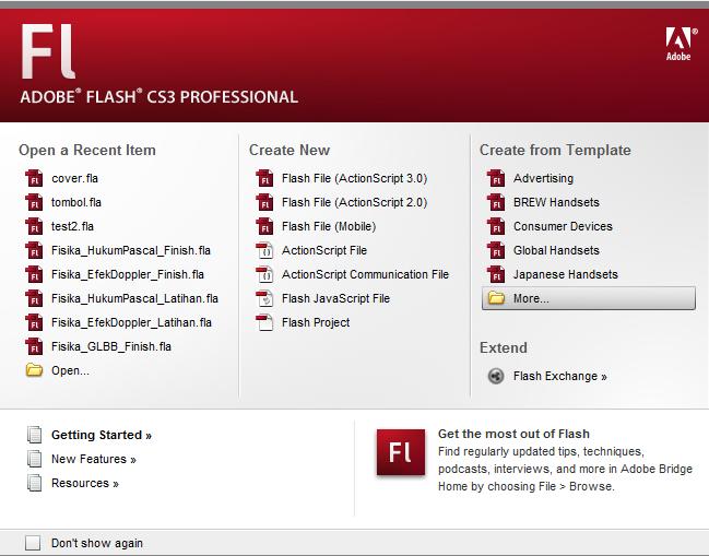 11 Gambar 2.1 Tampilan Start Page Adobe Flash CS3 Jendela Welcome Screen menyediakan empat pilihan untuk memulai Adobe Flash CS3 yaitu: 1.