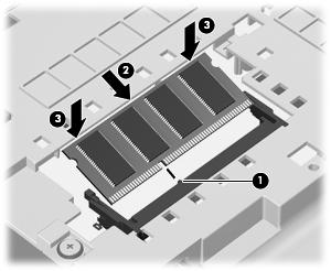 c. Tekan perlahan modul memori (3) ke bawah dengan memberikan tekanan pada sisi kiri dan kanan modul memori hingga klip penahan terpasang pada tempatnya.