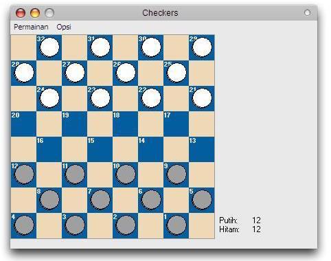 checkers tersusun oleh 64 persegi bergantian antara sisi gelap dan terang, yang disusun ke dalam satu kumpulan persegi yang terdiri dari 8 baris dan 8 kolom.