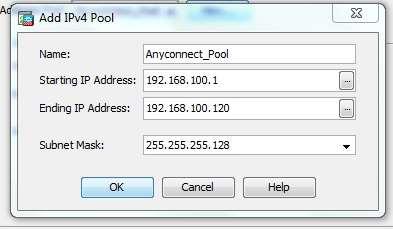 Pada Client Address Assignme buat new ipv4 Pool dengan data-data di bawah ini : Name : AnyConnect_Pool Starting IP