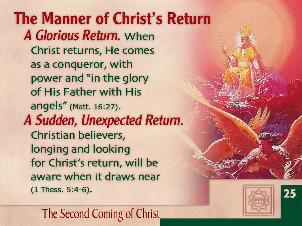 2. Kembali dengan Penuh Kemuliaan. Apabila Kristus kembali, Ia datang sebagai seorang pemenang disertai dengan kuasa dalam kemuliaan Bapa-Nya diiringi malaikat-malaikat-nya (Mat. 16:27).