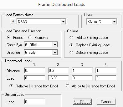 b) Pilih menu Assign Frame Loads Distributed c) Pada drop down menu Load Pattern Name pilih DEAD (beban mati merata segitiga pada portal tengah = 2.