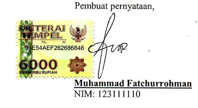 PERNYATAAN KEASLIAN Yang bertanda tangan di bawah ini: Nama : Muhammad Fatchurrohman NIM : 123111110 Jurusan : Pendidikan Agama Islam Menyatakan bahwa skripsi yang berjudul: PERAN GURU SEJARAH
