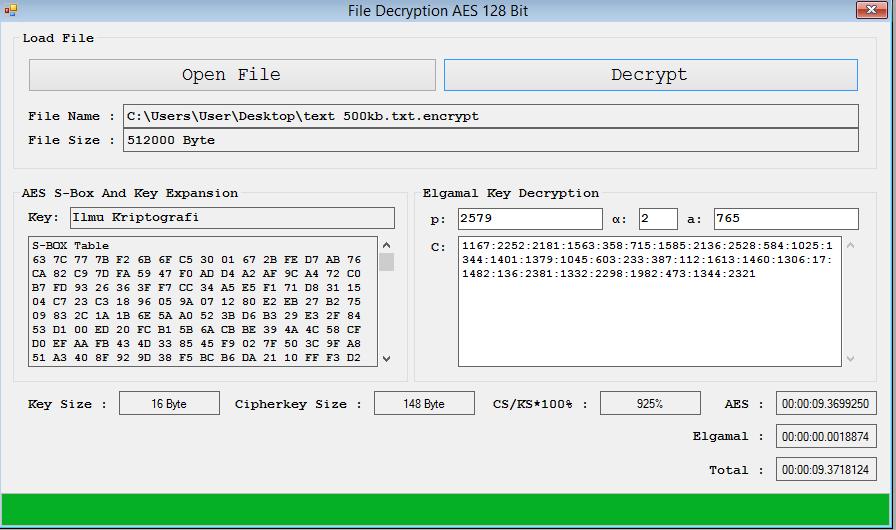65 enkripsi menggunakan elgamal, cipherkey menjadi berukuran 148 byte, ukuran cipherkey memiliki perbandingan yang besar yaitu 925%. Dari segi waktu enkripsi, algoritma AES membutuhkan waktu 4.