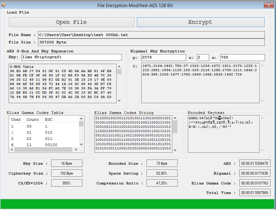 71 Gambar 4.15. Tampilan Enkripsi Modified AES 128 bit dan Compressed Elgamal Pada File Text 300 kb Gambar 4.