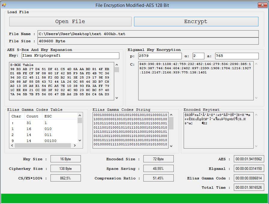73 Gambar 4.17. Tampilan Enkripsi Modified AES 128 bit dan Compressed Elgamal Pada File Text 400 kb Gambar 4.