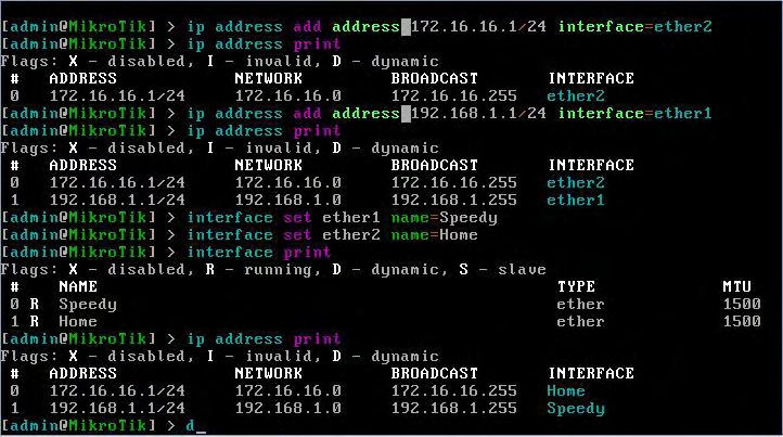 41 menggunakan Command Line Interface (CLI) dengan memasukan perintah konfigurasi melakukan pengaturan, dengan perintah : ip address add address 192.168.1.2/24 interface=ether1 ip address add address 172.