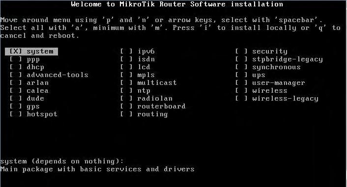 37 Gambar 4.3 Tampilan utama menu instalasi Mikrotik RouterOS Pada menu utama tersebut, terdapat sejumlah pilihan fasilitas apa saja yang akan diintegrasikan ke dalam Mikrotik RouterOS.