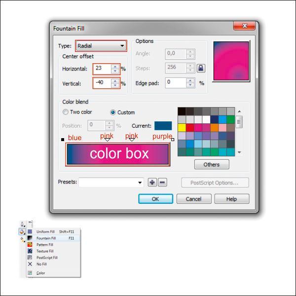 Sekarang menempatkan warna pada kotak yang telah dibuat Pilih Kotak Isi Alat Fountain, yang di toolbar