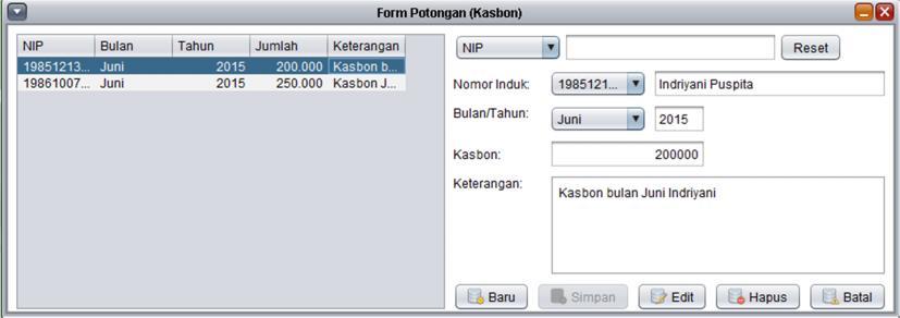 Tampilan Form Data Kasbon Pegawai Tampilan form yang digunakan melakukan olah data kasbon pegawai dapat terlihat seperti pada gambar IV.