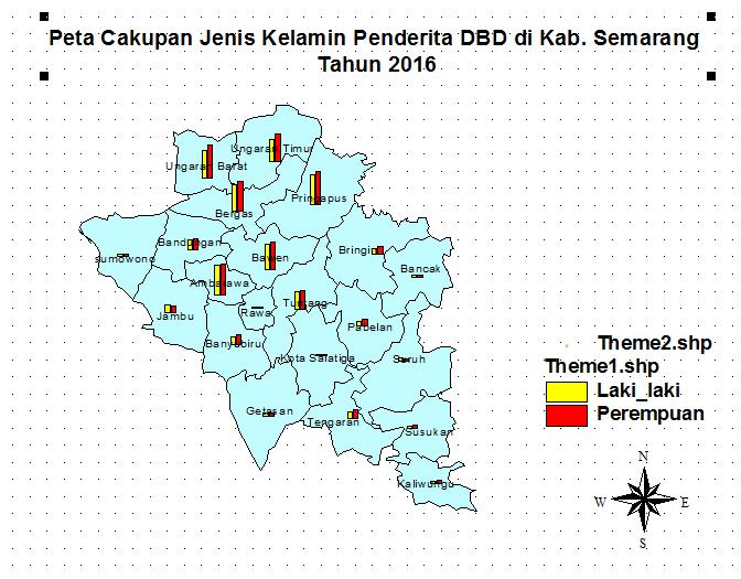 33 Gambar: 4.3 Peta Cakupan Jenis Kelamin Penderita DBD di Kab. Semarang Tahun 2016 Berdasarkan Gambar 4.3 pasien DBD dari 19 Kecamatan di Kab.