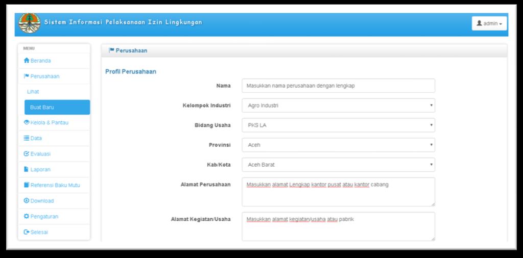 Tampilan halaman buat baru profil perusahaan untuk pengguna yang login dengan tipe super admin, admin dan sub admin.