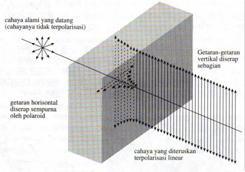 Cahaya mengalami polarisasi linear ketika cahaya melewati polaroid menyebabkan arah perambatan selalu sama. d.