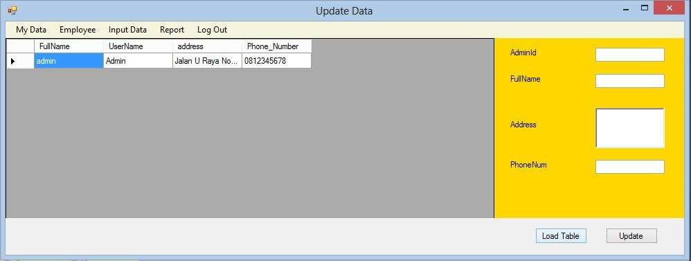 Keterangan Gambar 1.1: Pada halaman utama admin, terdapat menu My Data, Employee, Input Data, Report dan Log Out.