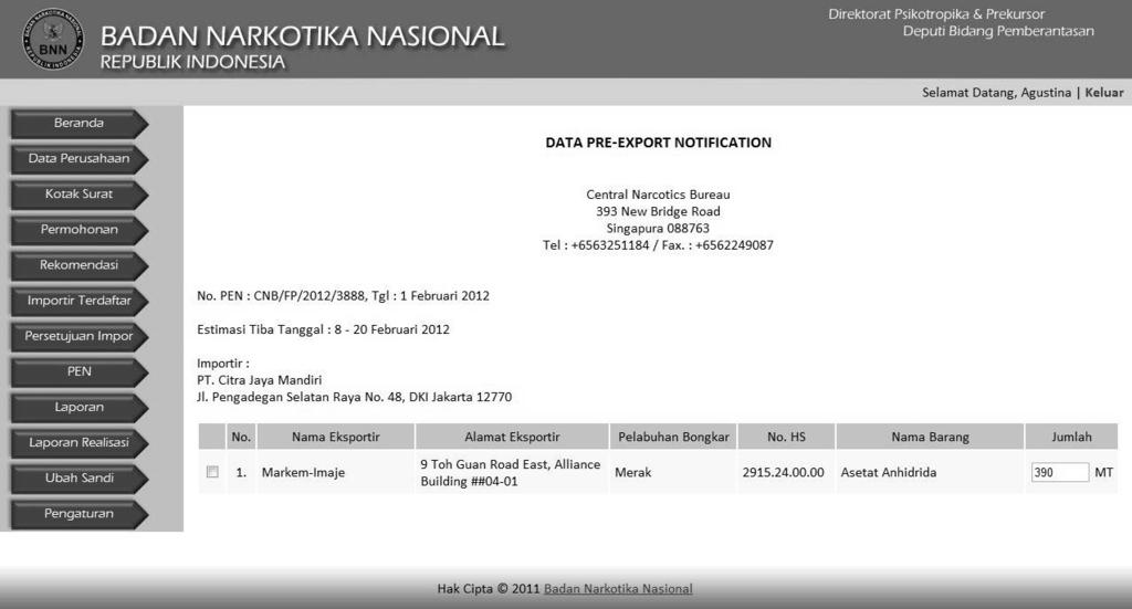 320 Gambar 4.48. Halaman Detail Pre-Export Notification Pada Gambar 4.48. merupakan data detail pre-export notification dari perusahaan yang sudah melakukan importasi bahan-bahan prekursor.