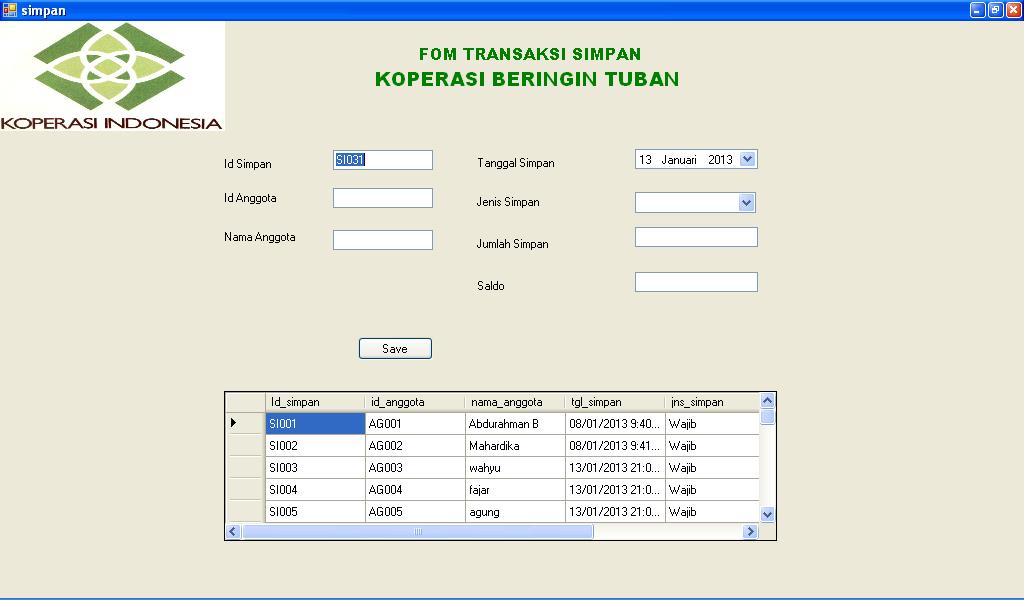 79 Gambar 5.8 Form Transaksi Simpan 5.3.2.3 Form Transaksi Ambil Simpanan Form transaksi ambil simpan digunakan untuk memasukkan data ambil simpanan yang ada.
