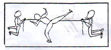 dengan menggunakan satu kaki 4) Masing-masing siswa melakukan lompatan sepuluh lompatan 5) Siswa yang gagal melompat mengganti siswa yang memegang karet Gambar 1. Bermain Lompat tali secara beregu c.