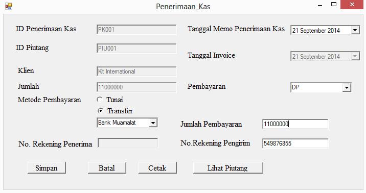 4.10.10 User Interface Untuk Menu Transaksi (Sub Penerimaan Kas) Gambar 4.36 User Interface Penerimaan Kas User interface seperti yang ditampilkan gambar 4.36 digunakan untuk bukti pembayaran invoice.