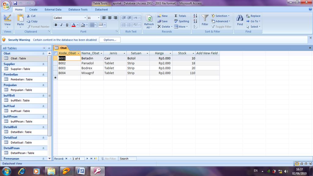 83 5.2.4 Implementasi Basis Data Pembuatan database dilakukan dengan menggunakan aplikasi Microsoft Microsoft Access 2007. semua pembuatan tabel pada database dibuat dengan cara New Table.