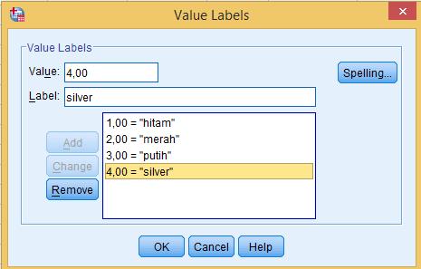 Variable View Pada kotak Name diisi sesuai dengan kasus, ketik warna_mobil kemudian pada baris kedua ketik penjualan.
