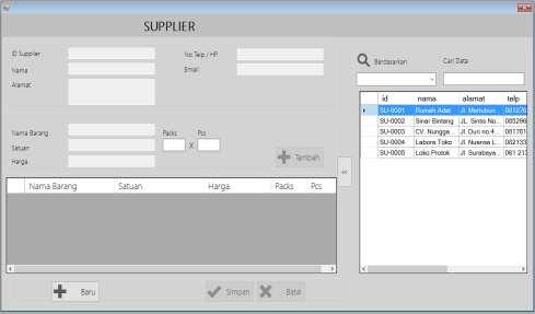 IV.1.5. Tampilan Form Supplier Tampilan ini merupakan tampilan form supplier yang berfungsi untuk menambahkan nama-nama supplier yang bekerja sama sebagai penyupelai barang dagang pada PT.