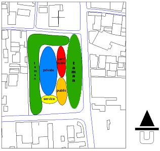 Area ini diletakkan sesudah area publik. Area service. Area ini diletakkan sebagai buffer terhadap kebisingan. Gambar 53 : Penzoningan V. 2.