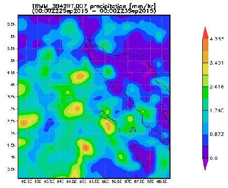 Data Curah Hujan Satelit TRMM Dari data satelit Tropical Rainfall Measuring Mission (TRMM), akumulasi curah hujan harian tanggal 22 September 2015, di Kabupaten Simeulue sekitarnya terjadi dengan