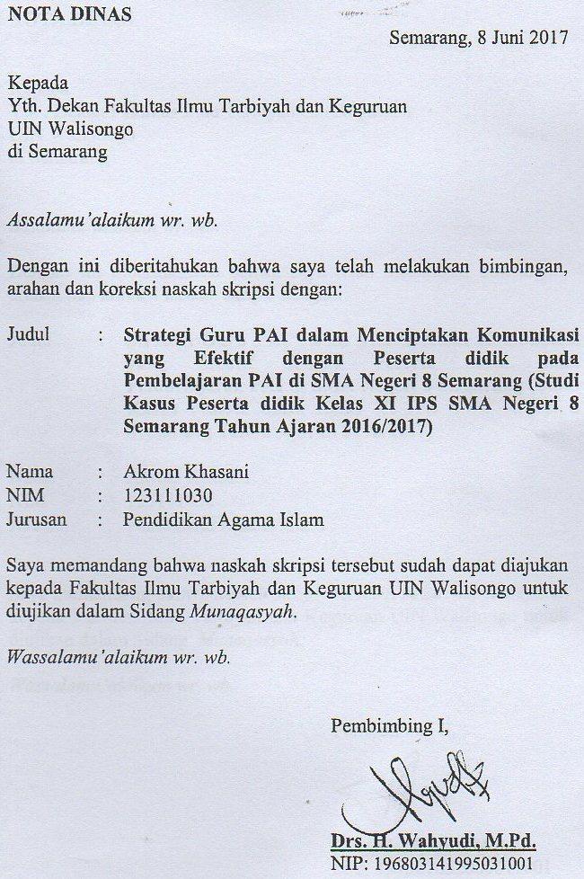 NOTA DINAS Semarang, 8 Juni 2017 Kepada Yth. Dekan Fakultas Ilmu Tarbiyah dan Keguruan UIN Walisongo di Semarang Assalamu alaikum wr. wb.
