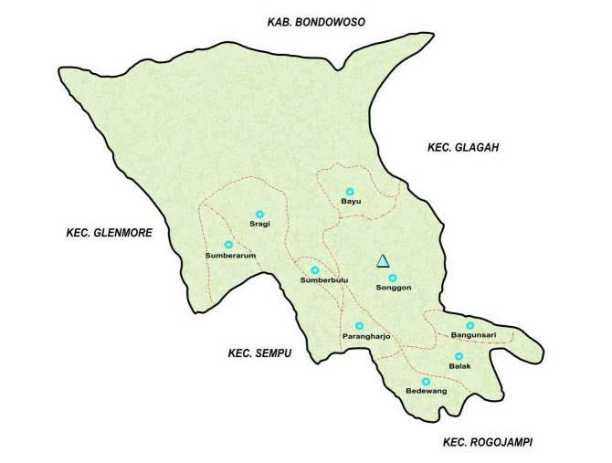1 S ecara geografis Kecamatan Songgon merupakan kecamatan yang terletak disebelah barat dari wilayah Kabupaten Banyuwangi.