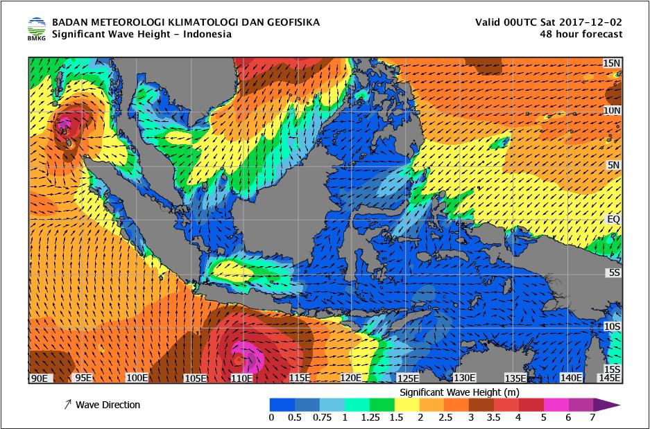 Sabtu, 2 Desember 2017 Selat Malaka bagian Utara, Laut Natuna, Selat Sunda bagian Selatan, Laut Jawa bagian Barat, Perairan Selatan Pulau Sumba, Perairan Kupang, Perairan Manado-Bitung, Perairan Kep.