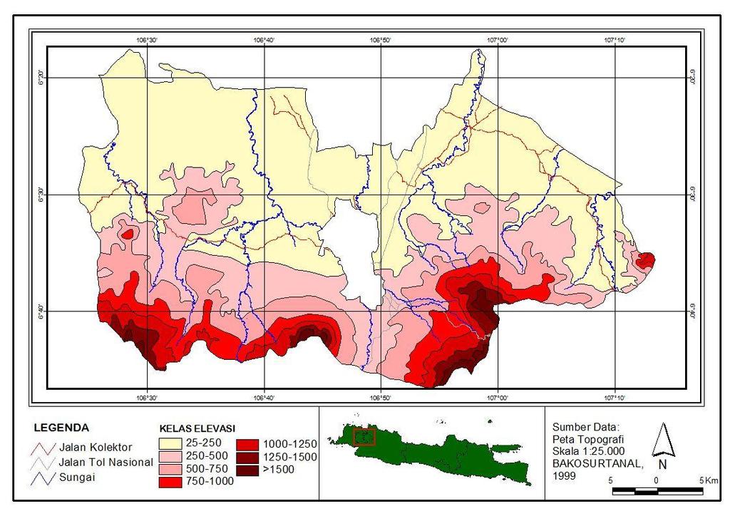 29 Gambar 12. Peta Elevasi Kabupaten Bogor Terdapat pencilan nilai produktivitas maksimum di rentang elevasi 500 750 yaitu sebesar 6.5 ton/ha.