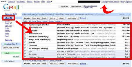 Gambar 1 Tampilan Inbox Gmail - Tanpa Email Filtering Seperti anda lihat pada gambar diatas, di inbox gmail terdapat beberapa email dengan pengirim email yg berbeda.