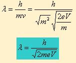 menghitung panjang gelombang de Broglie dari elektron dinyatakan dalam tegangan pemercepat V.