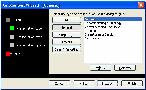 Pilih salah satu yang paling mendekati tipe presentasi yang akan anda gunakan. Setelah itu klik next. Tipe-tipe presentasi kategori General Gambar 4. Auto content Wizard Type 5.