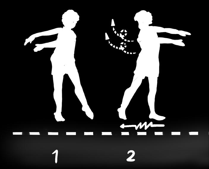 2) Ayunkan dan putar kem - bali ke dua leng an ke samping kiri bersamaan kaki kanan bergerak menyamping 2 langkah. c) Akhir gerakan 1) Berdiri tegak menyamping arah gerakan.