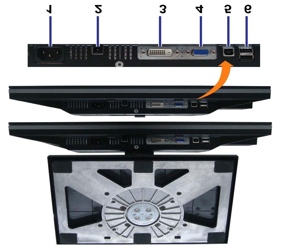 Tentang Monitor: Buku Panduan Dell 1909W Flat Panel Monitor Label Penjelasan 1 Konektor daya AC 2 Konektor Daya untuk Dell Soundbar 3 Konektor DVI 4 Konektor VGA 5 Port Up Stream USB 6 Port Down