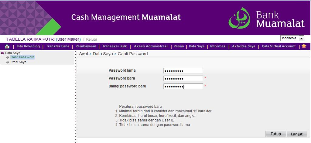 1.3. Ubah Password Saat login pertama kali, sistem akan langsung meminta user untuk mengganti password.