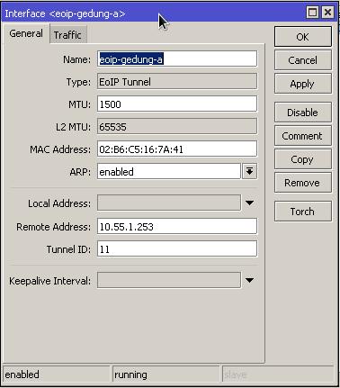 Gambar 18: membuat interface eoip Selanjutnya buat konfigurasi EOIP di perangkat Mikrotik pada gedung A dengan parameter seperti di atas, kecuali pada kolom Remote ip Address, isikan dengan alamat IP