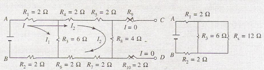 Gambar (c) menjadi (d) rus yang mengalir ada hambatan,4 dan yang berada ada garis utus-utus adalah sama sehingga keduanya terhubung seri.