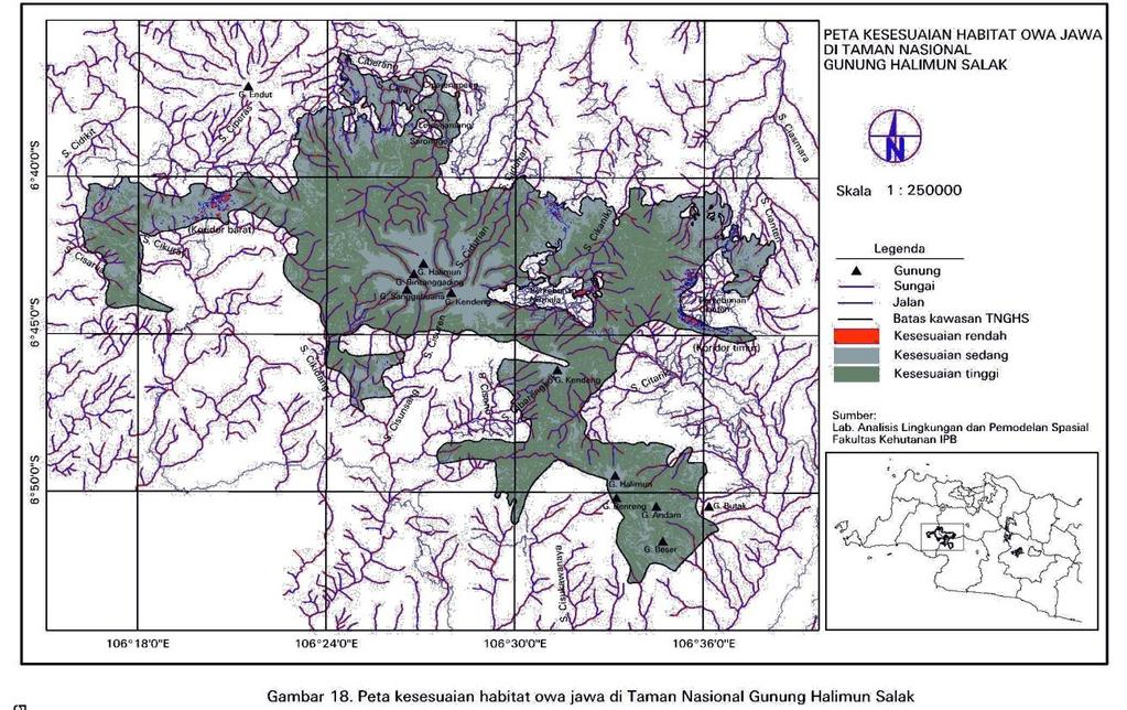 Pemetaan Kesesuaian Habitat Owa Jawa Gambar 2. Peta Kesesuaian Habitat Owa Jawa di TNGHS. Validasi Hasil Overlay Validasi ditujukan untuk mengetahui tingkat kepercayaan terhadap model yang dibangun.