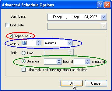 Berikan tanda (check) pada Kotak Repeat task (lingkaran merah), masukkan setiap berapa lamakah Task akan diulang (lingkaran biru),