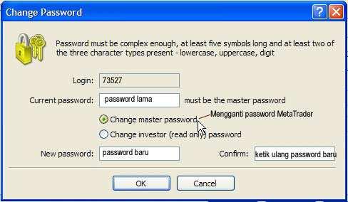 Investor password adalah password untuk diberikan kepada investor / orang lain agar mereka dapat mengecek account mereka tanpa dapat melakukan intervensi (hanya read only password) Current Password
