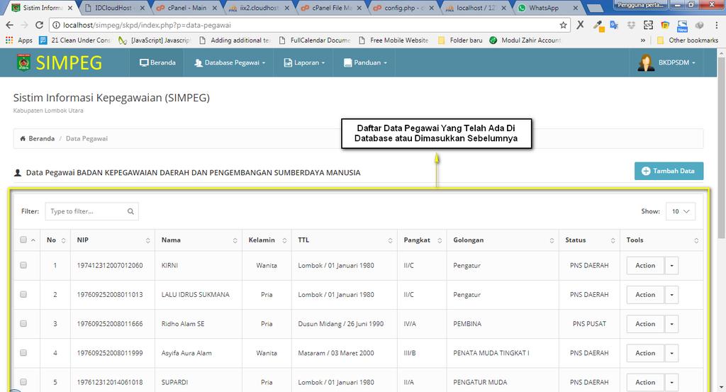 MENGELOLA DATABASE PEGAWAI Pada bagian ini akan dijelaskan cara untuk melakukan pengelolaan atas Database Pegawai di dalam aplikasi SIMPEG Kab. Lombok Utara.
