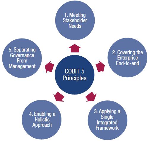 17 berguna untuk segala jenis ukuran perusahaan, baik itu sektor komersial, sektor non profit atau pada sektor pemerintahan maupun publik. 2.3.1. Prinsip-Prinsip Dalam COBIT 5 COBIT 5 didasarkan pada lima prinsip kunci untuk tata kelola dan manajemen TI perusahaan.